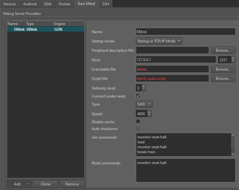 EBlink in the Bare Metal tab in Devices preferences