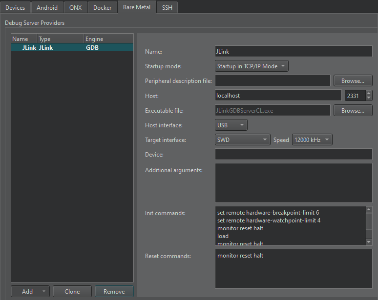 J-Link in the Bare Metal tab in Devices preferences