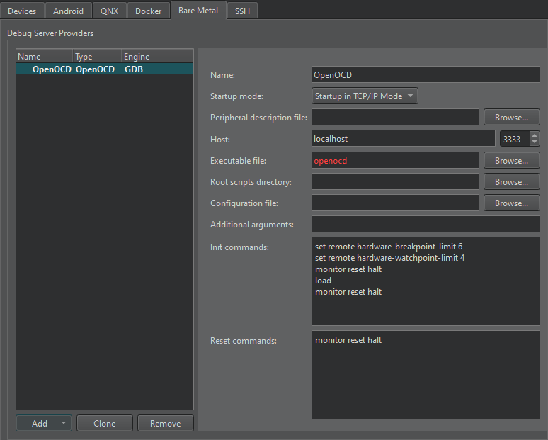 OpenOCD in the Bare Metal tab in Devices preferences