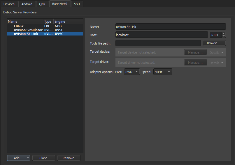 uVision St-Link in the Bare Metal tab in Devices preferences