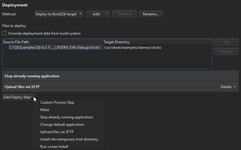 Boot to Qt deployment steps in Run Settings