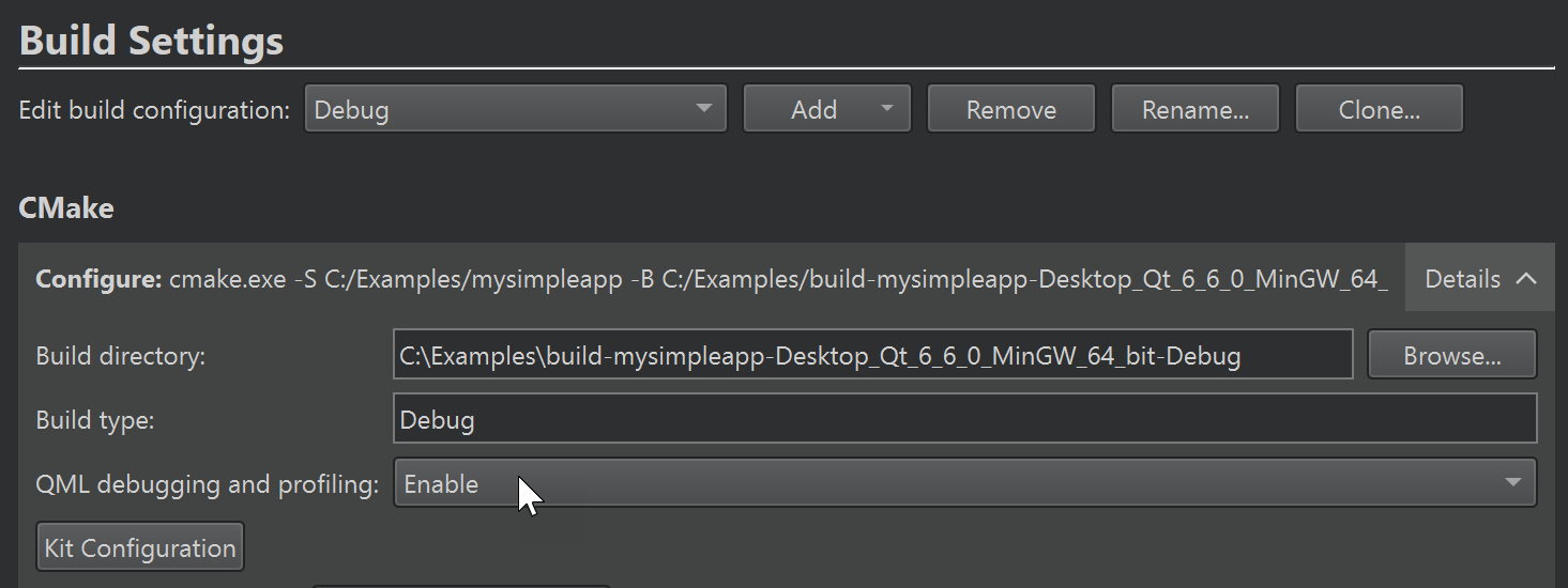 Build settings for a CMake project