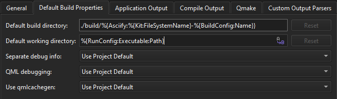Default Build Properties tab in Build & Run preferences