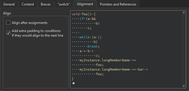 Alignment tab in the Code Style tab in C++ preferences