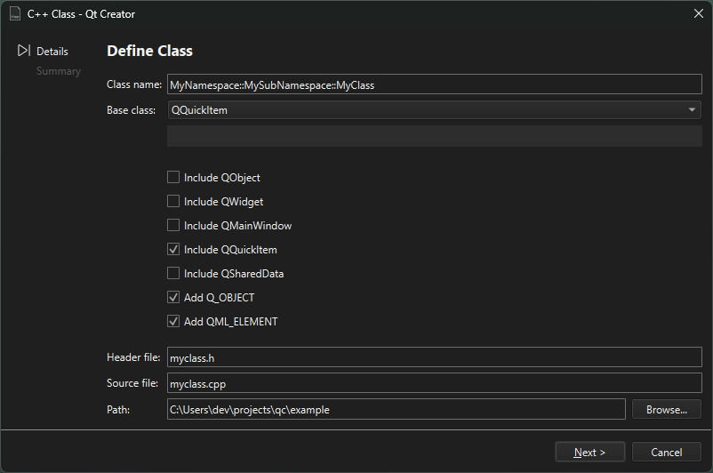 Define Class dialog