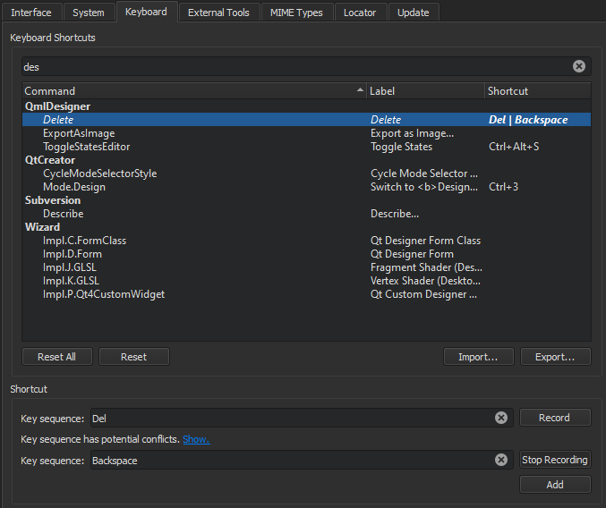 Keyboard tab in Environment preferences