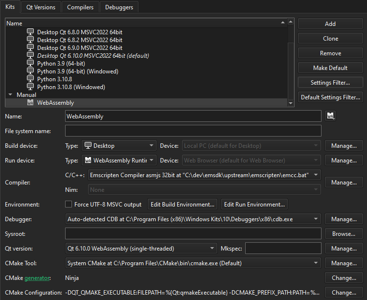 Qt for WebAssembly kit in the Kits tab in Kits preferences