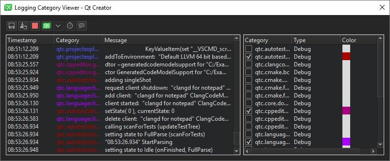 Logging Category Viewer dialog