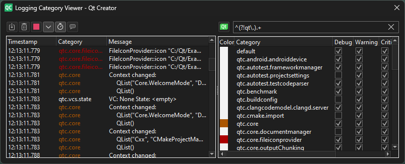 Logging Category Viewer dialog