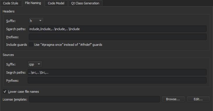 File Naming tab in C++ preferences