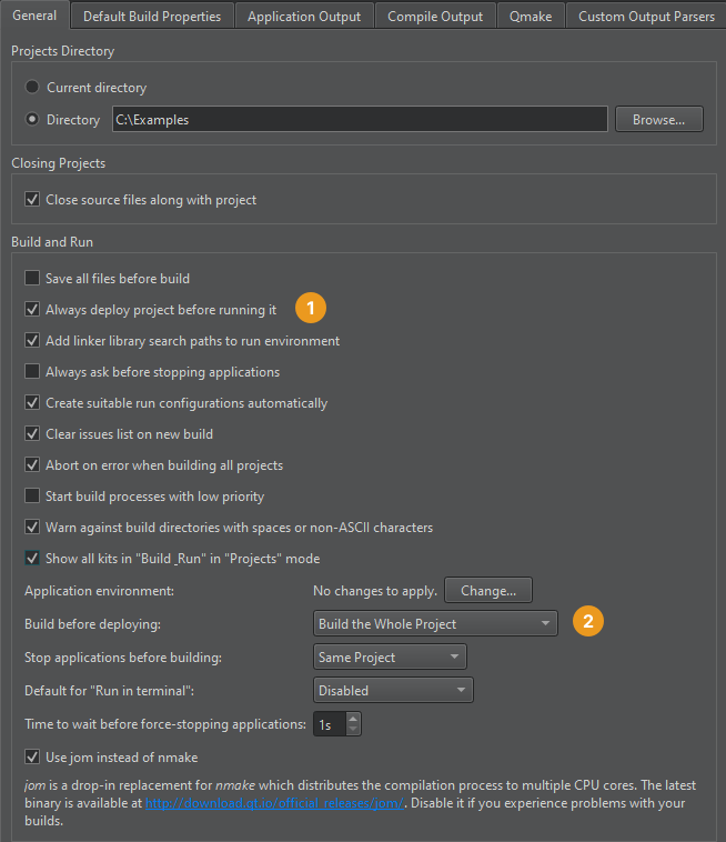 General tab in Build & Run preferences