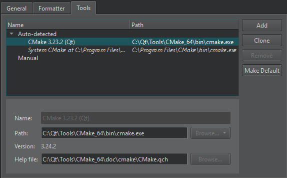 Tools tab in CMake preferences