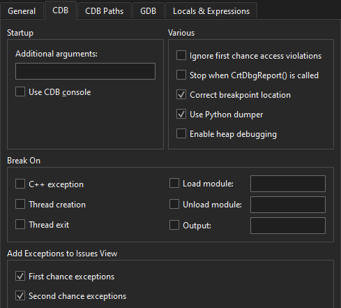 CDB tab in Debugger preferences
