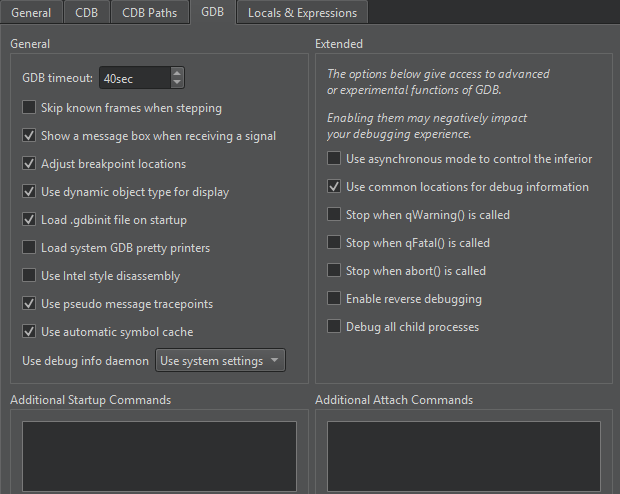 GDB tab in Debugger preferences