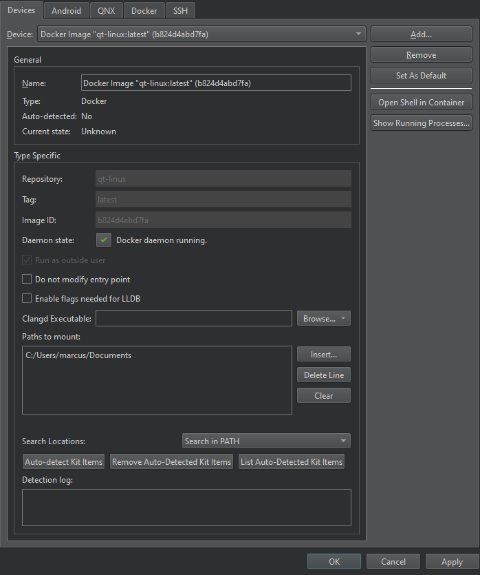 Docker device in the Devices tab in Devices preferences