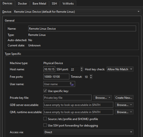 Remote Linux device in the Devices tab in Devices preferences