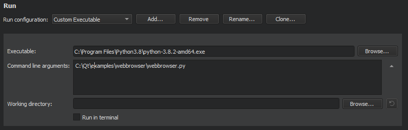 Python custom executable run configuration