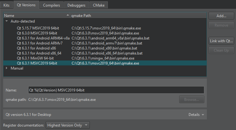Register documentation in the Qt Versions tab in Kits preferences