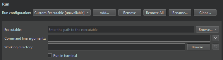 Run settings for custom executables