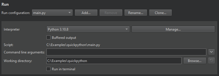 Run settings for a Python project