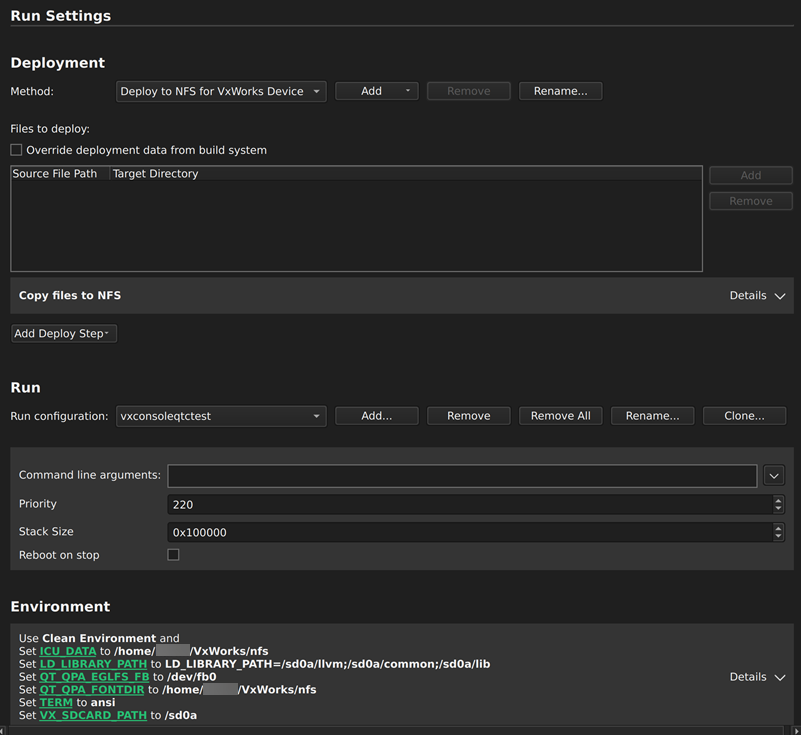 Run Settings for VxWorks