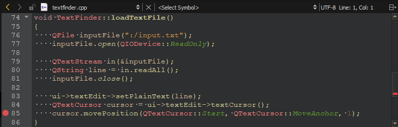 Setting a breakpoint in the editor