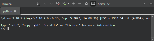 Python shell in the Terminal view