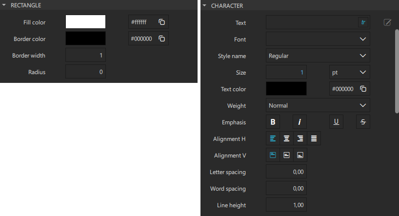 The Rectangle and Text tabs in the Properties view.