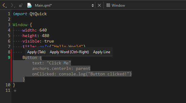 Code completion tool bar when hovering over a suggestion