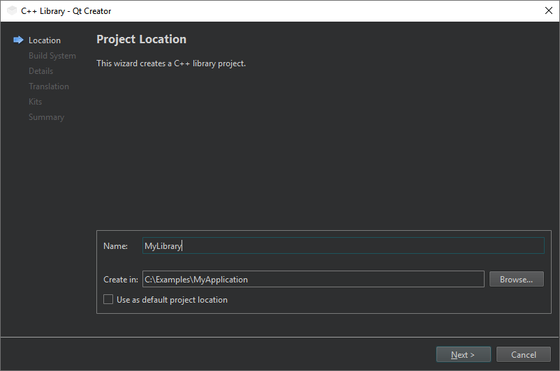 Project Location dialog