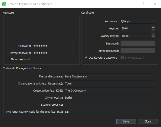 Create a Keystore and a Certificate dialog