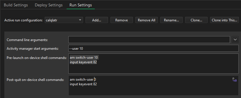 Run Settings for an Android device