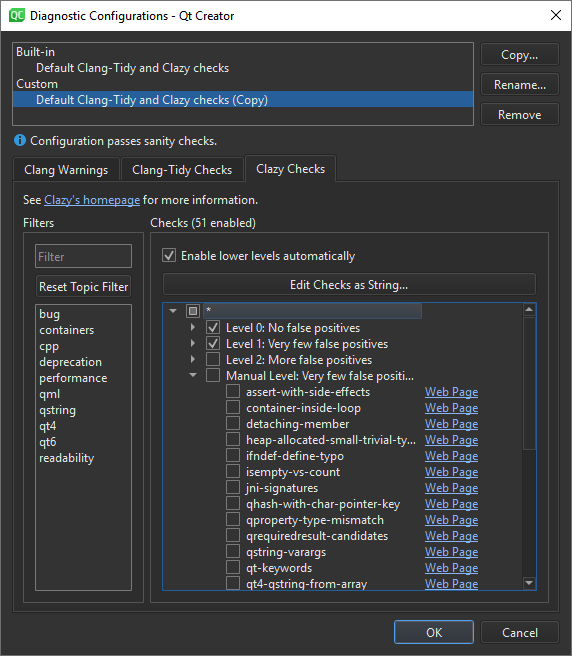 Clazy Checks tab in the Diagnostic Configurations dialog
