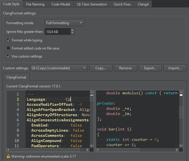Code Style tab in C++ preferences