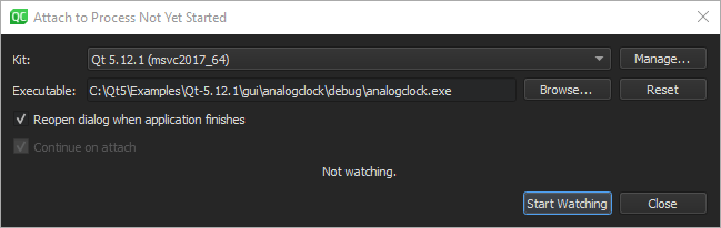 Attach to Unstarted Application dialog