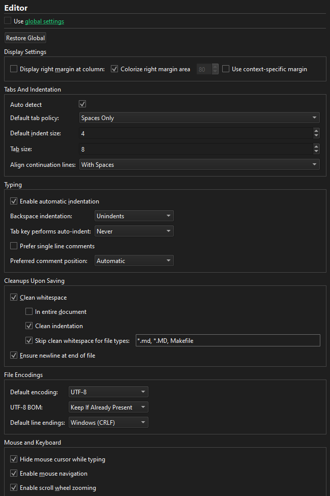 Editor settings for a project in the Projects mode