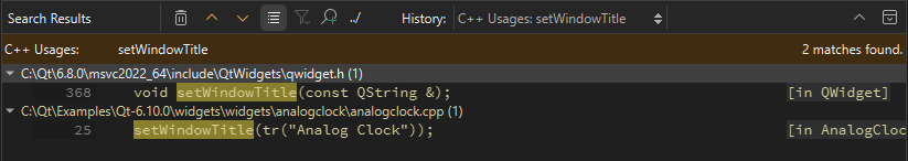 Found symbols in the Search Results view