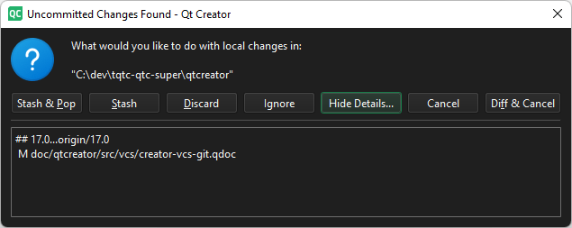 Uncommitted Changes Found dialog