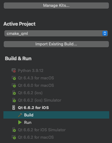 iOS kit selected for a project in Build & Run