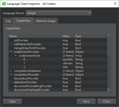 Capabilities tab in the Language Client Inspector dialog