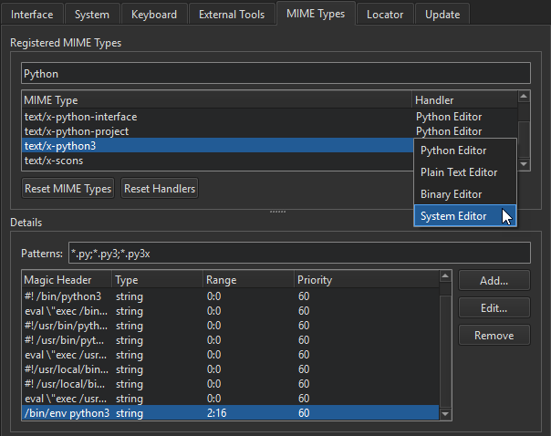 MIME Types tab in Environment preferences