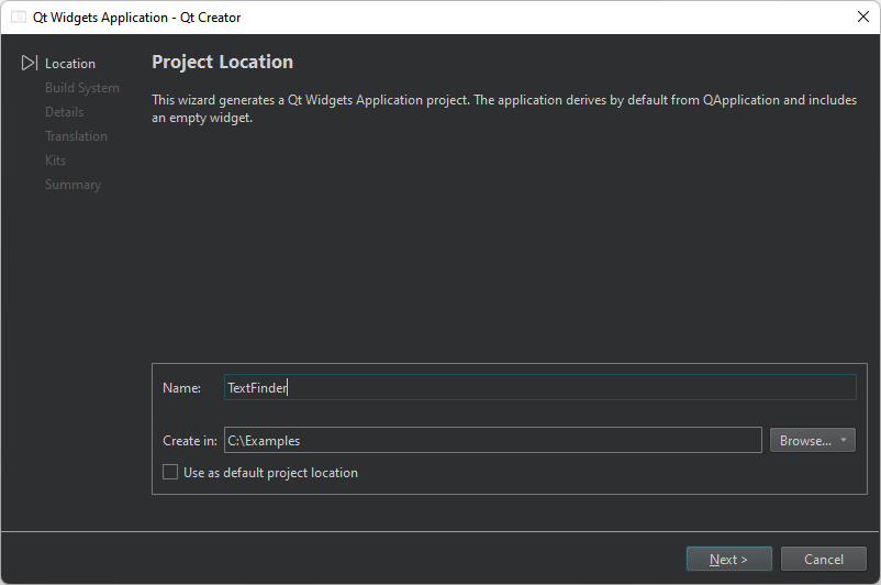 Project Location dialog