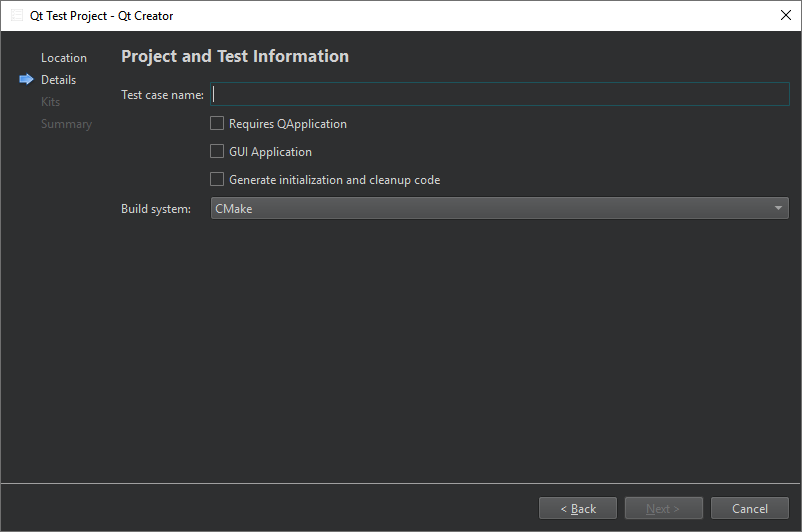 Project and Test Information dialog in the Qt Test Project wizard