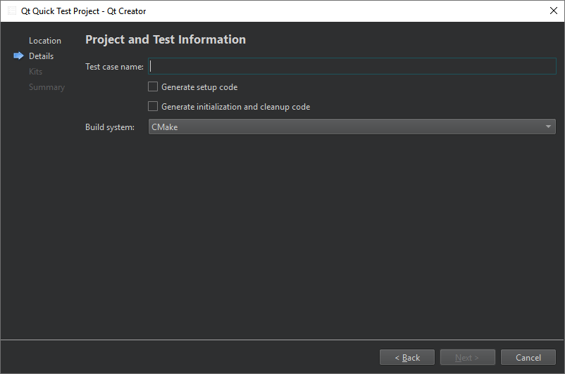 Project and Test Information dialog in the Qt Quick Test Project wizard