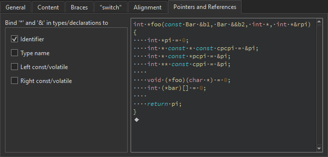 Pointers and References tab in the Code Style tab in C++ preferences