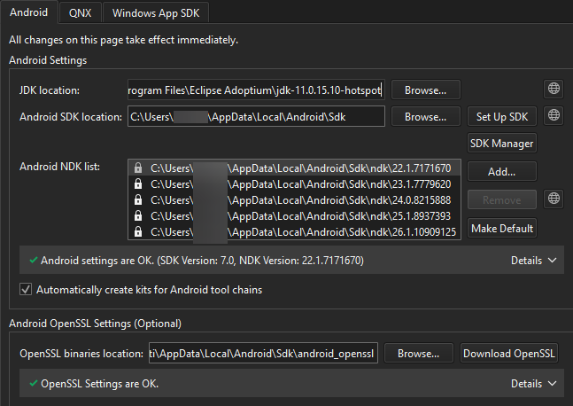 Android tab in SDKs preferences