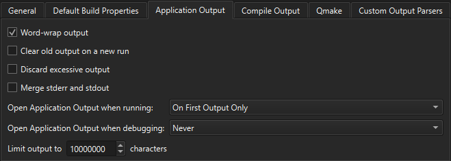 Application Output tab in Build & Run preferences