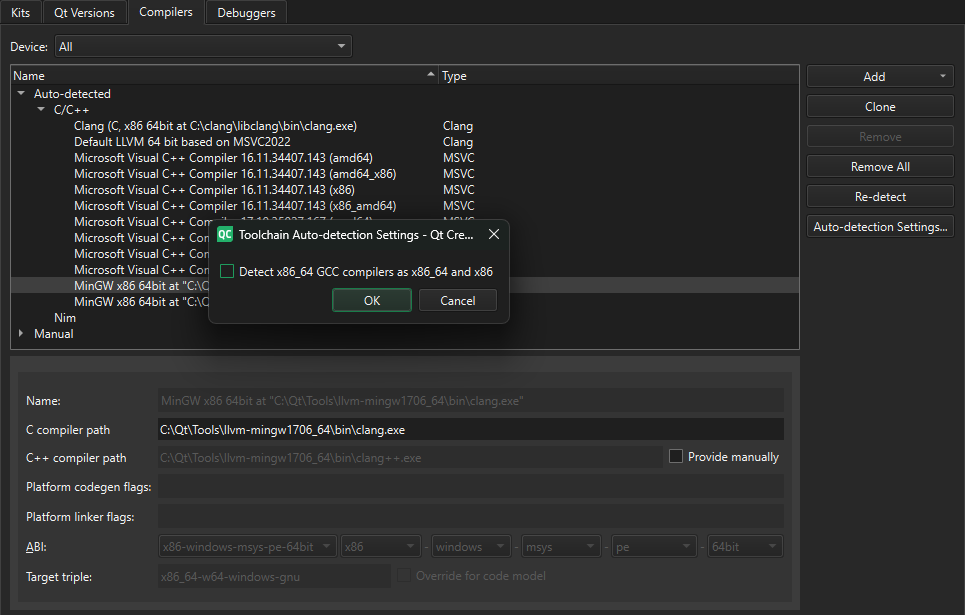 Compilers tab in Kits preferences