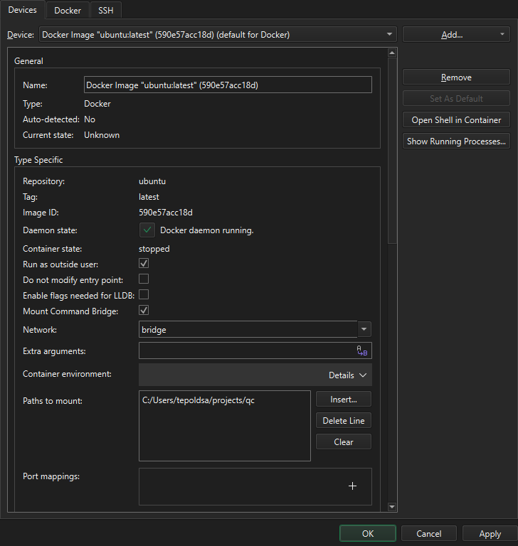 Docker device in the Devices tab in Devices preferences