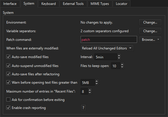 System tab in Environment preferences